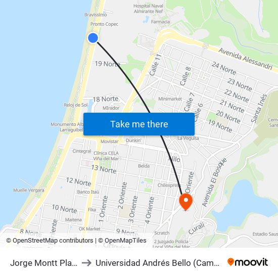 Jorge Montt Playa Del Sol to Universidad Andrés Bello (Campus Viña Del Mar) map