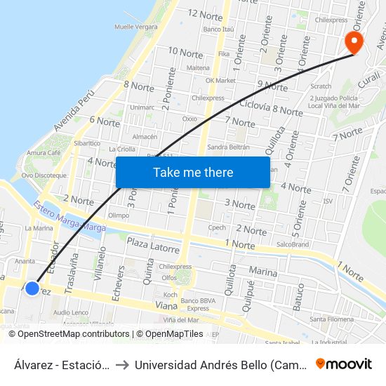 Álvarez - Estación Miramar to Universidad Andrés Bello (Campus Viña Del Mar) map