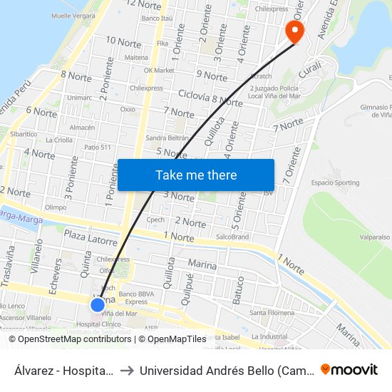 Álvarez - Hospital Clinico Ist to Universidad Andrés Bello (Campus Viña Del Mar) map