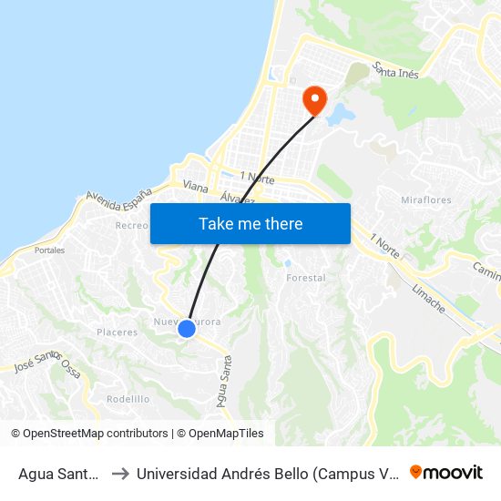 Agua Santa 500 to Universidad Andrés Bello (Campus Viña Del Mar) map