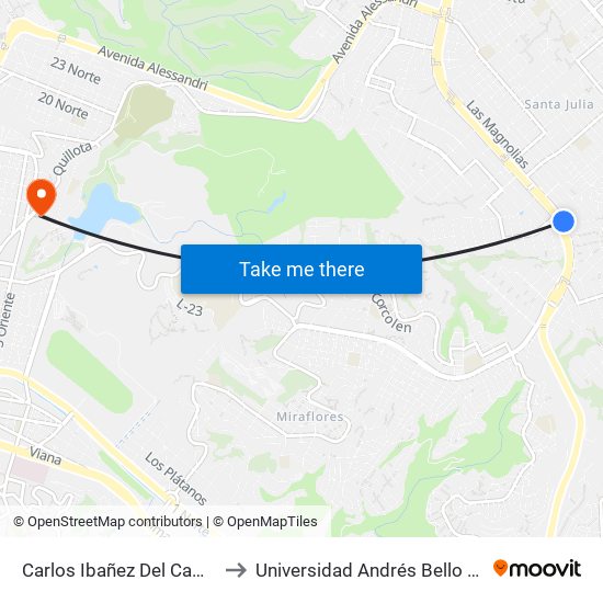 Carlos Ibañez Del Campo - Las Orquideas to Universidad Andrés Bello (Campus Viña Del Mar) map