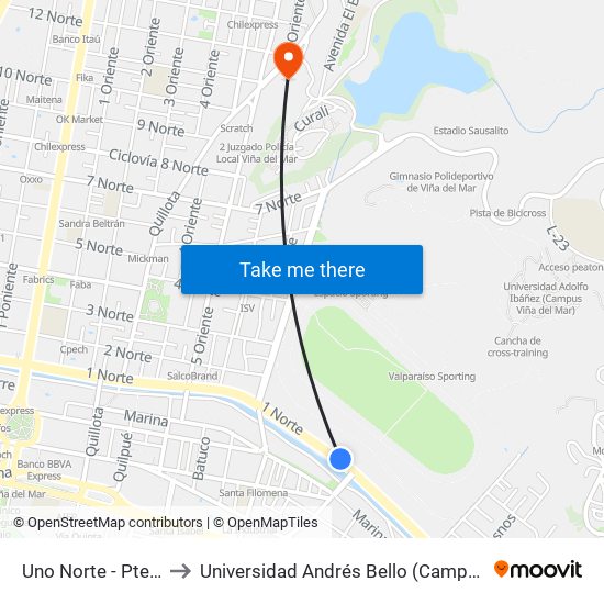 Uno Norte - Pte. Cancha to Universidad Andrés Bello (Campus Viña Del Mar) map
