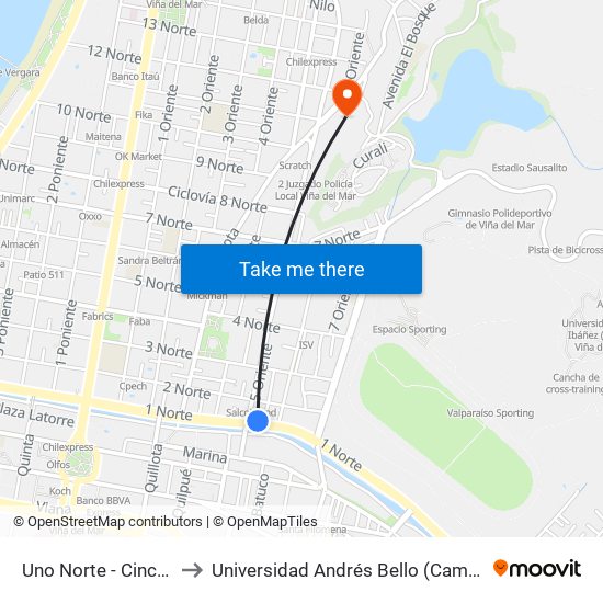 Uno Norte - Cinco 1 / 2 Ote to Universidad Andrés Bello (Campus Viña Del Mar) map