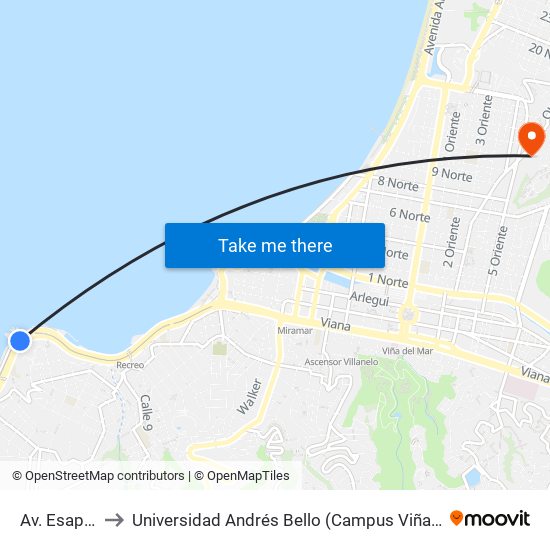 Av. Esapaña to Universidad Andrés Bello (Campus Viña Del Mar) map