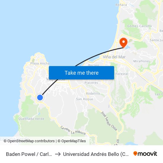 Baden Powel / Carlos Pezoa Veliz to Universidad Andrés Bello (Campus Viña Del Mar) map