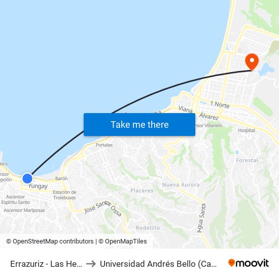 Errazuriz - Las Heras - Facea to Universidad Andrés Bello (Campus Viña Del Mar) map