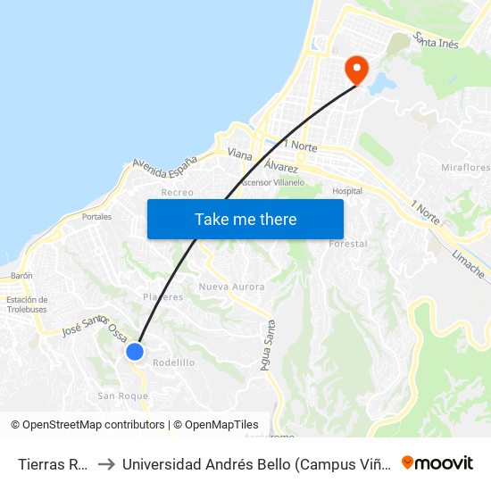 Tierras Rojas to Universidad Andrés Bello (Campus Viña Del Mar) map