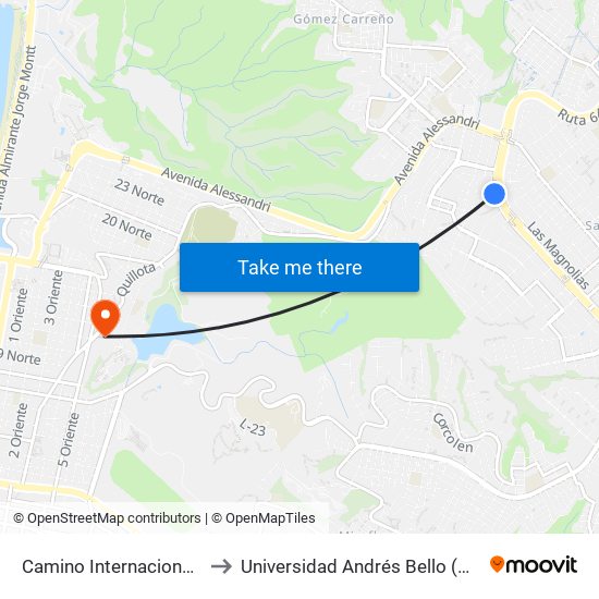 Camino Internacional - Los Gladiolos to Universidad Andrés Bello (Campus Viña Del Mar) map