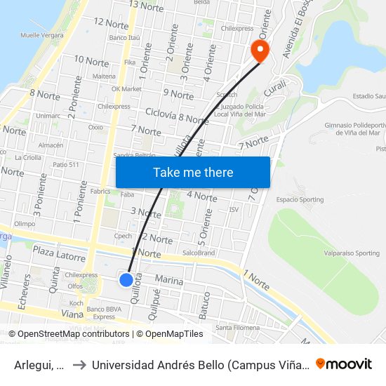 Arlegui, 861 to Universidad Andrés Bello (Campus Viña Del Mar) map