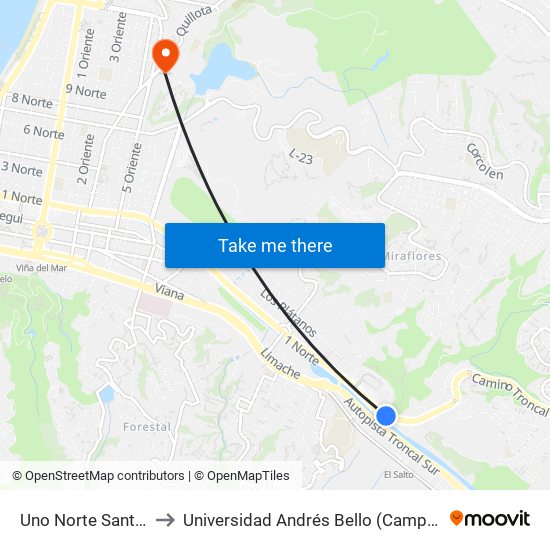 Uno Norte Santo Tomas to Universidad Andrés Bello (Campus Viña Del Mar) map