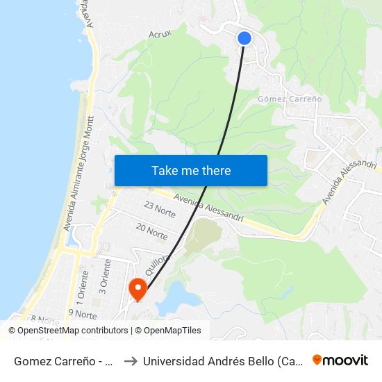 Gomez Carreño - Veintiseis Pte to Universidad Andrés Bello (Campus Viña Del Mar) map