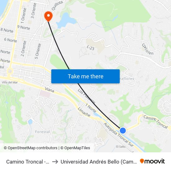 Camino Troncal - Uno Norte to Universidad Andrés Bello (Campus Viña Del Mar) map