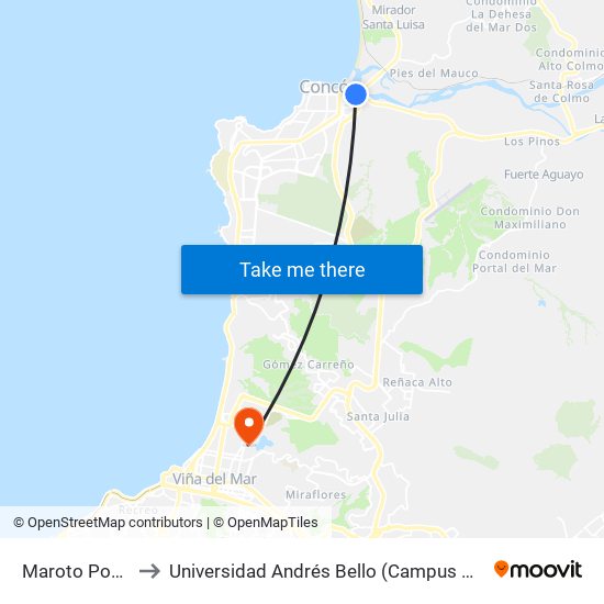 Maroto Poniente to Universidad Andrés Bello (Campus Viña Del Mar) map