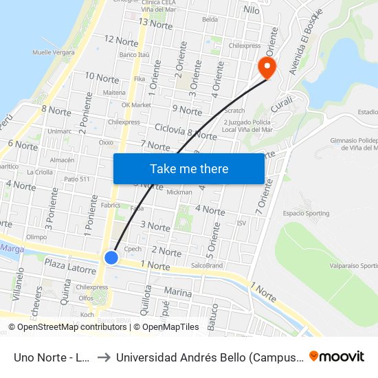 Uno Norte - Libertad to Universidad Andrés Bello (Campus Viña Del Mar) map