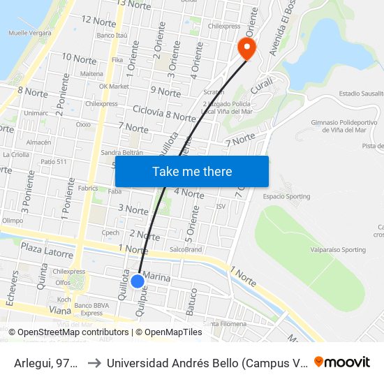 Arlegui, 971-989 to Universidad Andrés Bello (Campus Viña Del Mar) map