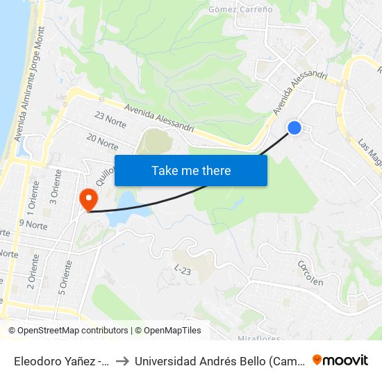 Eleodoro Yañez - Curiñanco to Universidad Andrés Bello (Campus Viña Del Mar) map