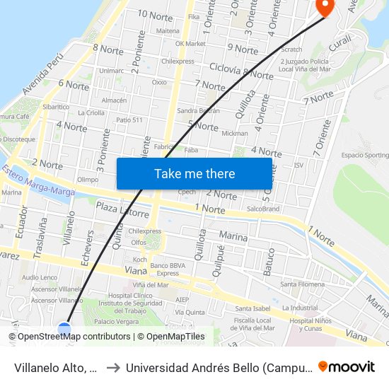 Villanelo Alto, 520-594 to Universidad Andrés Bello (Campus Viña Del Mar) map