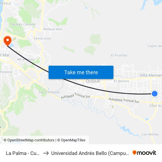 La Palma - Cuatro Sur to Universidad Andrés Bello (Campus Viña Del Mar) map