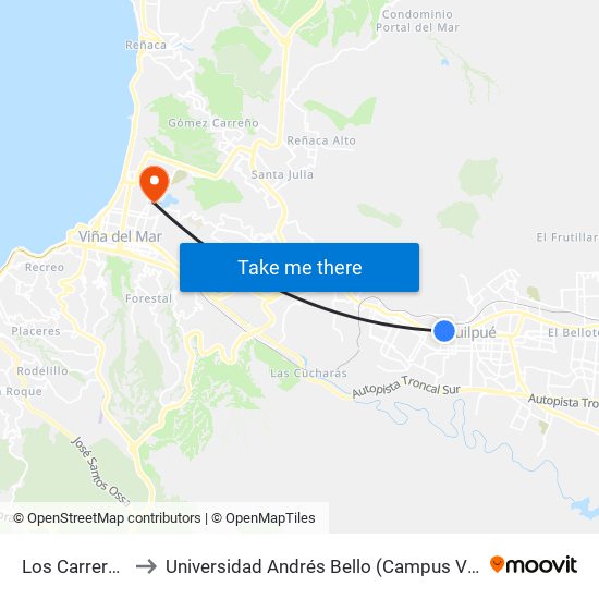 Los Carrera 180 to Universidad Andrés Bello (Campus Viña Del Mar) map