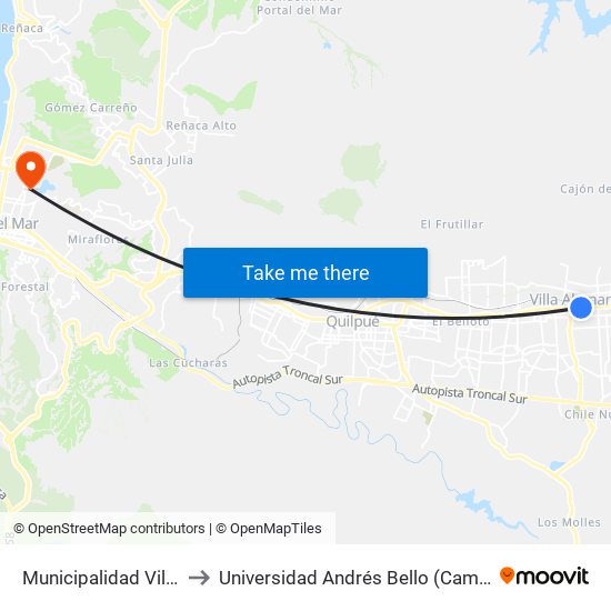 Municipalidad Villa Alemana to Universidad Andrés Bello (Campus Viña Del Mar) map
