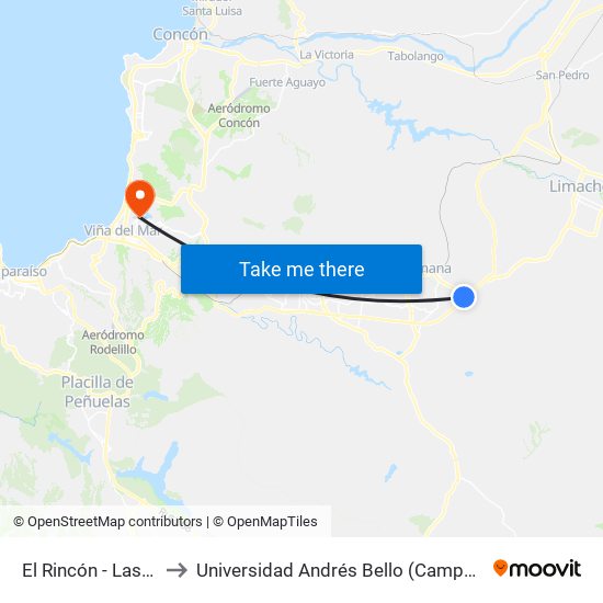 El Rincón - Las Acacias to Universidad Andrés Bello (Campus Viña Del Mar) map