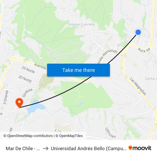 Mar De Chile - Zenteno to Universidad Andrés Bello (Campus Viña Del Mar) map