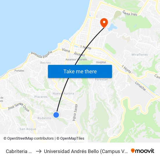 Cabriteria Norte to Universidad Andrés Bello (Campus Viña Del Mar) map