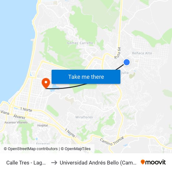 Calle Tres - Lago Penuelas to Universidad Andrés Bello (Campus Viña Del Mar) map