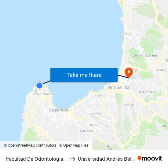 Facultad De Odontologia, Universidad De Valparaiso to Universidad Andrés Bello (Campus Viña Del Mar) map