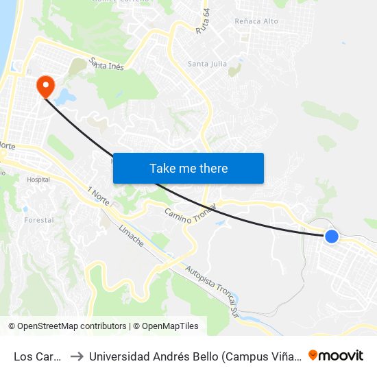 Los Carrera to Universidad Andrés Bello (Campus Viña Del Mar) map