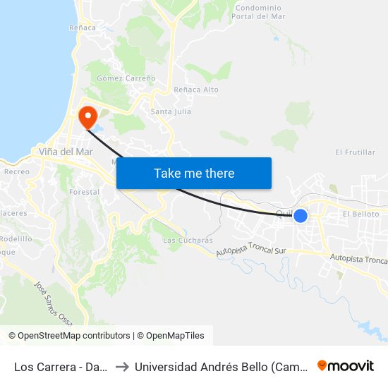 Los Carrera - David Cortes to Universidad Andrés Bello (Campus Viña Del Mar) map