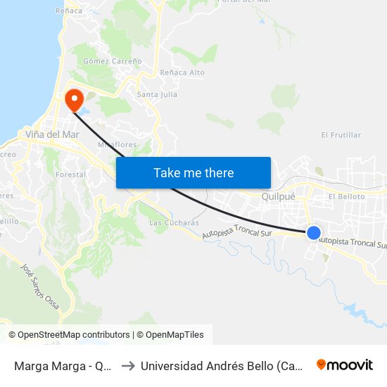 Marga Marga - Quintero / Sur to Universidad Andrés Bello (Campus Viña Del Mar) map