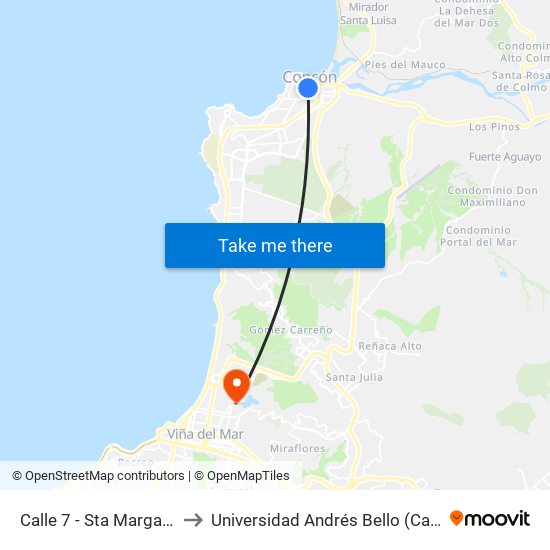 Calle 7 - Sta Margarita / Poniente to Universidad Andrés Bello (Campus Viña Del Mar) map