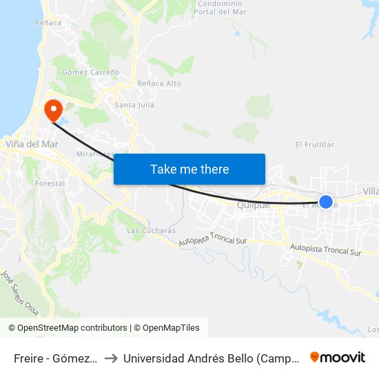 Freire - Gómez Carreño to Universidad Andrés Bello (Campus Viña Del Mar) map