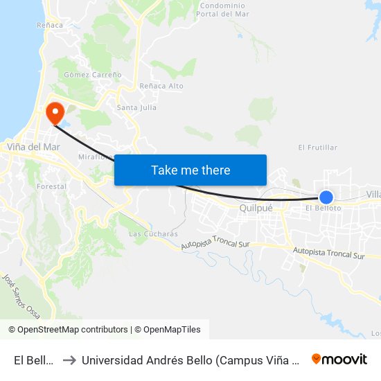 El Belloto to Universidad Andrés Bello (Campus Viña Del Mar) map