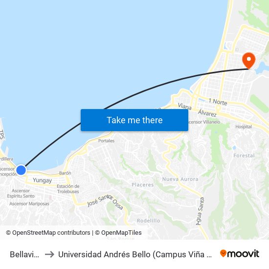 Bellavista to Universidad Andrés Bello (Campus Viña Del Mar) map