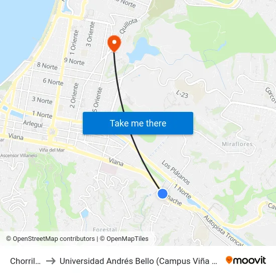 Chorrillos to Universidad Andrés Bello (Campus Viña Del Mar) map