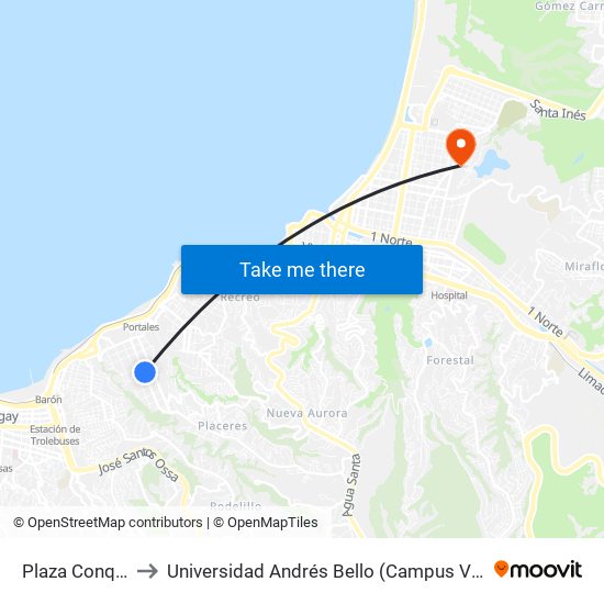 Plaza Conquista to Universidad Andrés Bello (Campus Viña Del Mar) map
