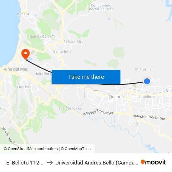 El Belloto 1126 - 1196 to Universidad Andrés Bello (Campus Viña Del Mar) map