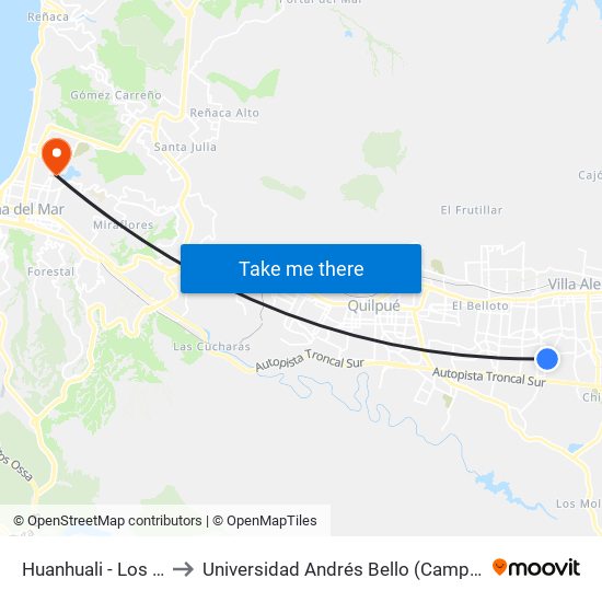 Huanhuali - Los Cipreses to Universidad Andrés Bello (Campus Viña Del Mar) map
