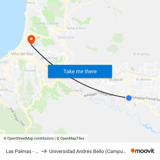 Las Palmas - Pucará to Universidad Andrés Bello (Campus Viña Del Mar) map