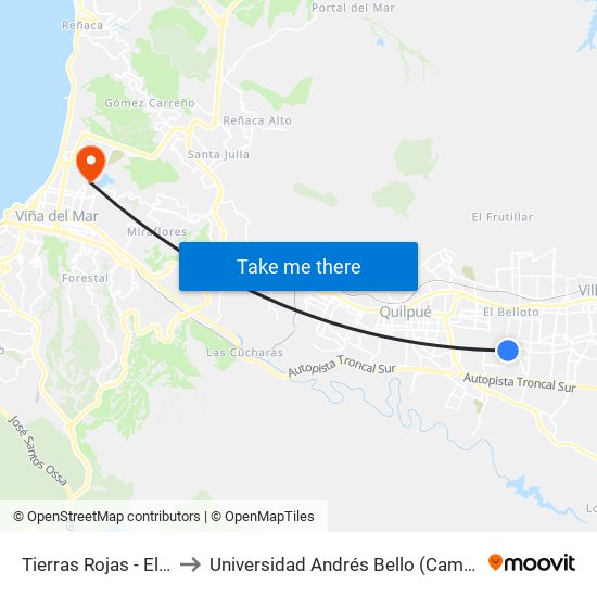 Tierras Rojas - El Alba / Sur to Universidad Andrés Bello (Campus Viña Del Mar) map