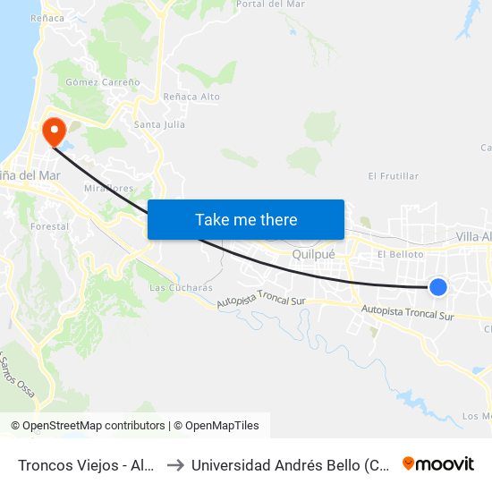 Troncos Viejos - Alde M. Gandulfo to Universidad Andrés Bello (Campus Viña Del Mar) map