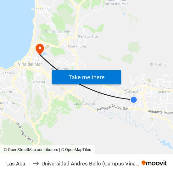 Las Acacias to Universidad Andrés Bello (Campus Viña Del Mar) map