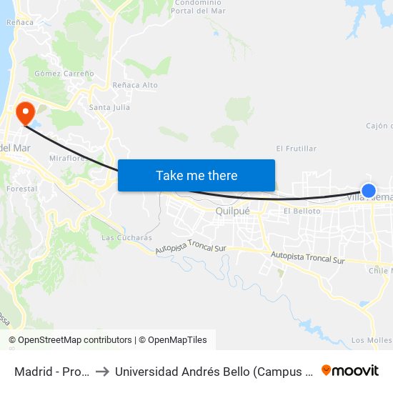 Madrid - Progreso to Universidad Andrés Bello (Campus Viña Del Mar) map