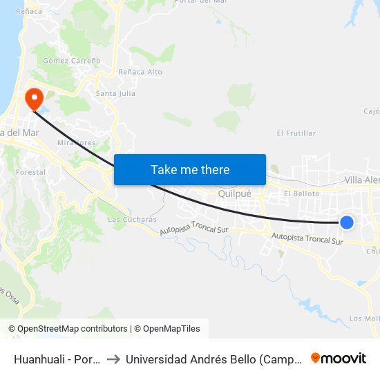 Huanhuali - Porvenir Sur to Universidad Andrés Bello (Campus Viña Del Mar) map