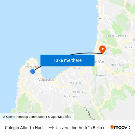 Colegio Alberto Hurtado Segundo / Sur to Universidad Andrés Bello (Campus Viña Del Mar) map