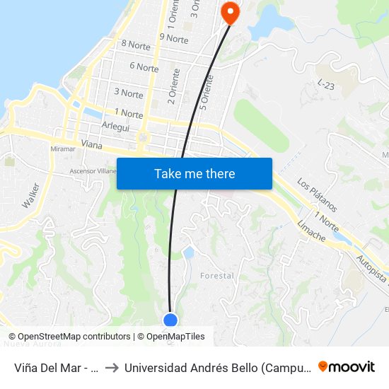 Viña Del Mar - Valdivia to Universidad Andrés Bello (Campus Viña Del Mar) map