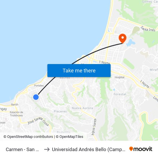 Carmen - San Guillermo to Universidad Andrés Bello (Campus Viña Del Mar) map