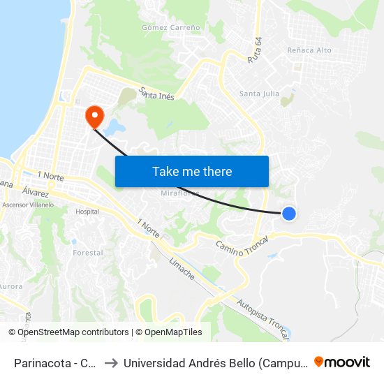 Parinacota - Cavancha to Universidad Andrés Bello (Campus Viña Del Mar) map